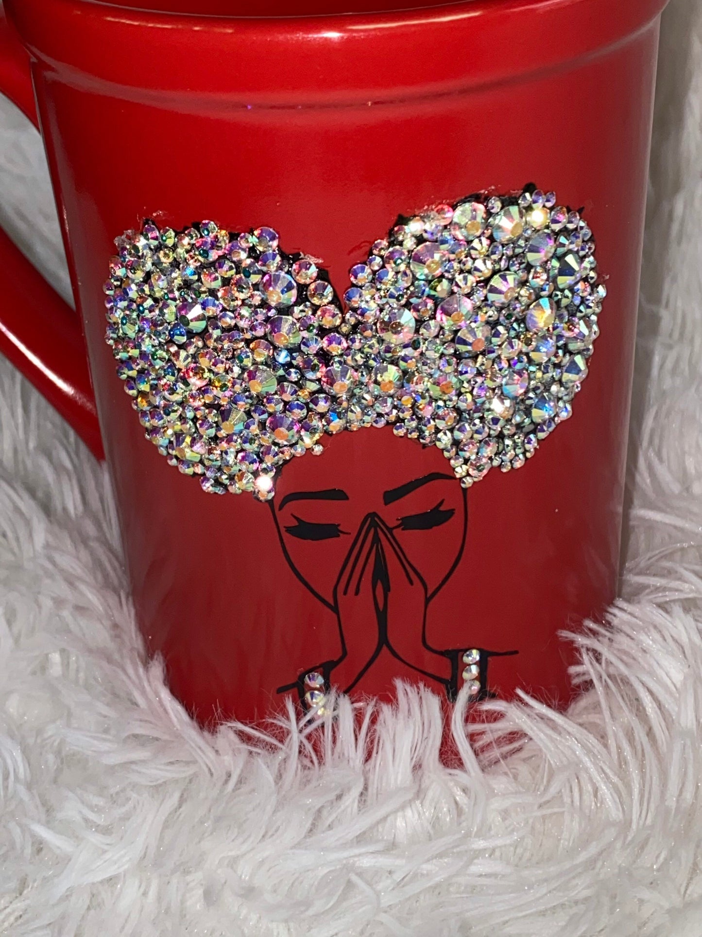 Bling Afro Praying Woman Mug: Rhinestone Christian Gift, 16 oz
