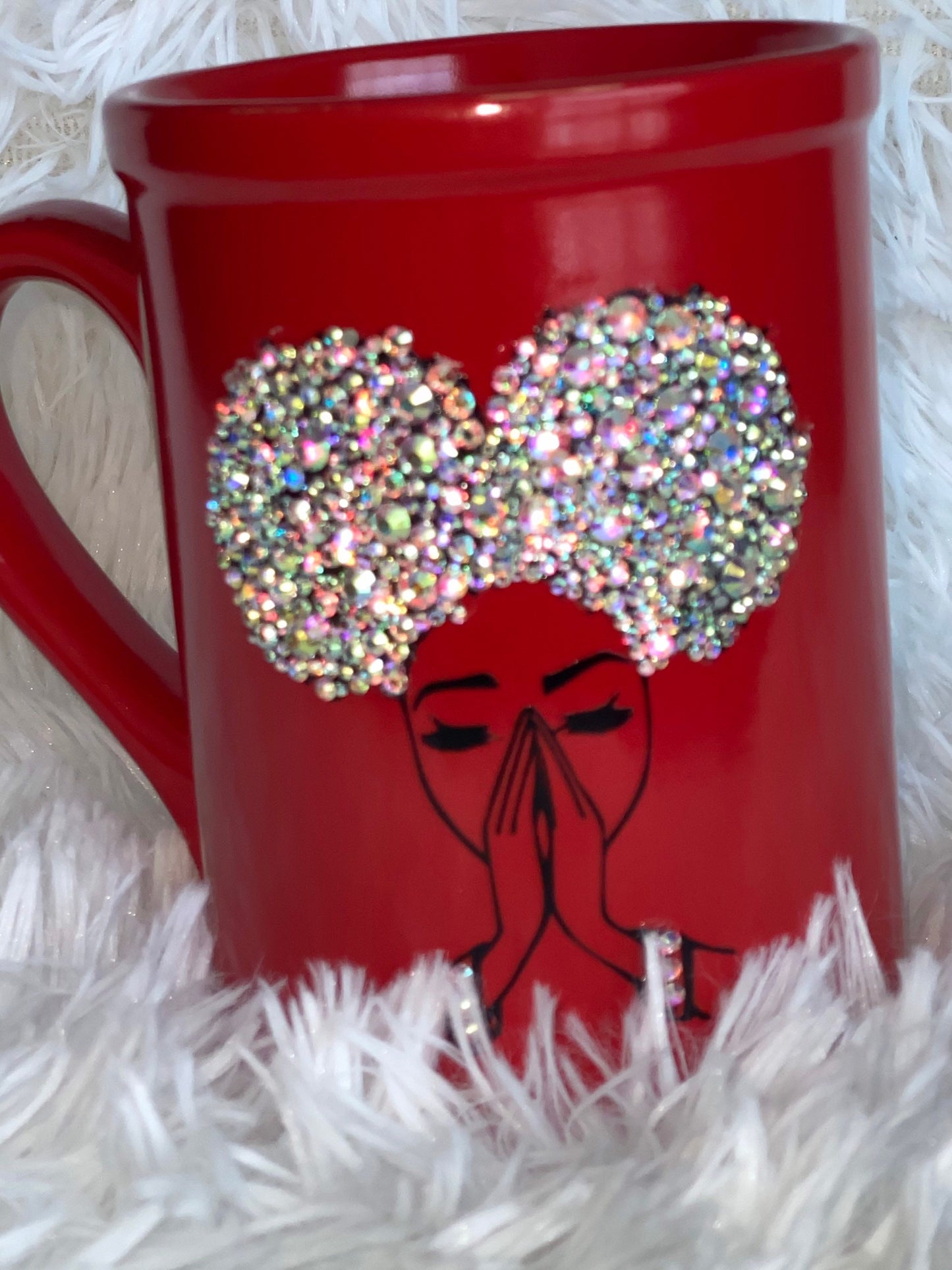 Bling Afro Praying Woman Mug: Rhinestone Christian Gift, 16 oz