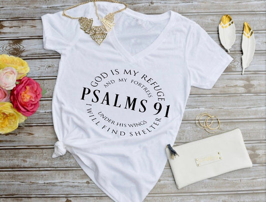 Psalms 91 V-Neck T-Shirt: Christian Bible Verse Apparel