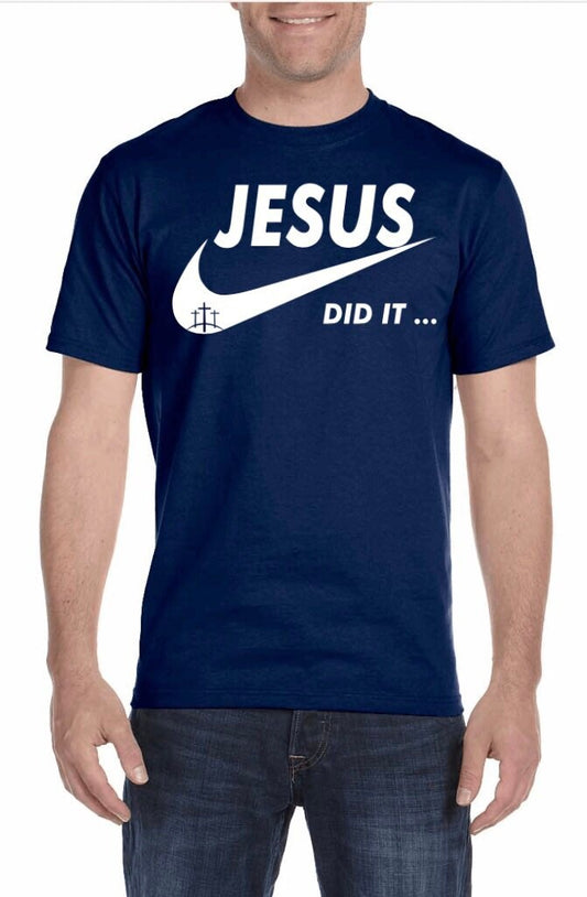 Jesus Did It Unisex T-shirts. Christian T-shirts. Navy Blue.