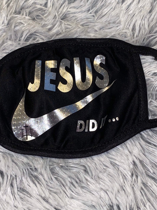 Jesus Did It Face Mask: Silver Lettering Christian Mask
