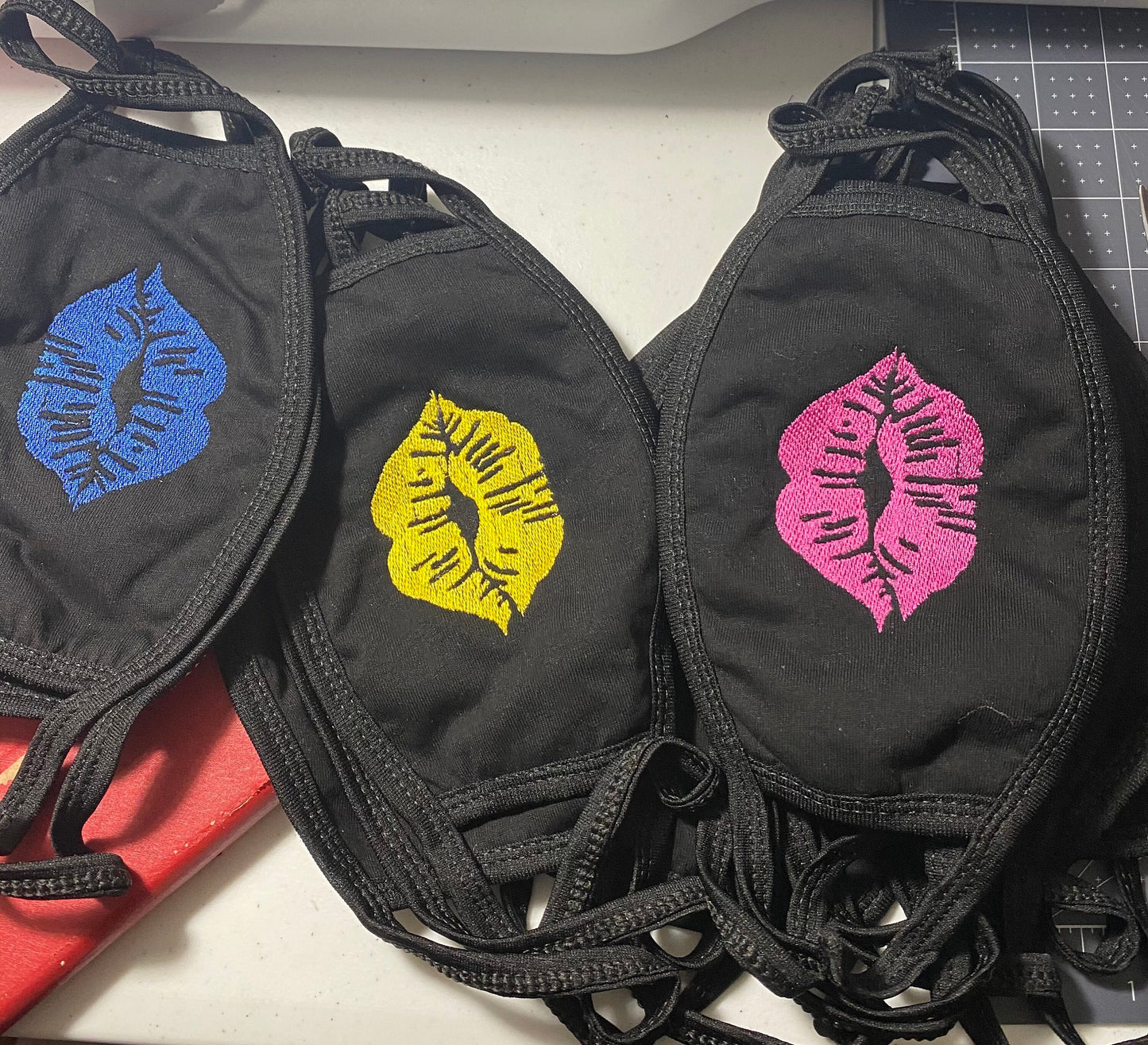 Embroidered Lips Cotton Face Mask - Washable Reusable Kiss Mask