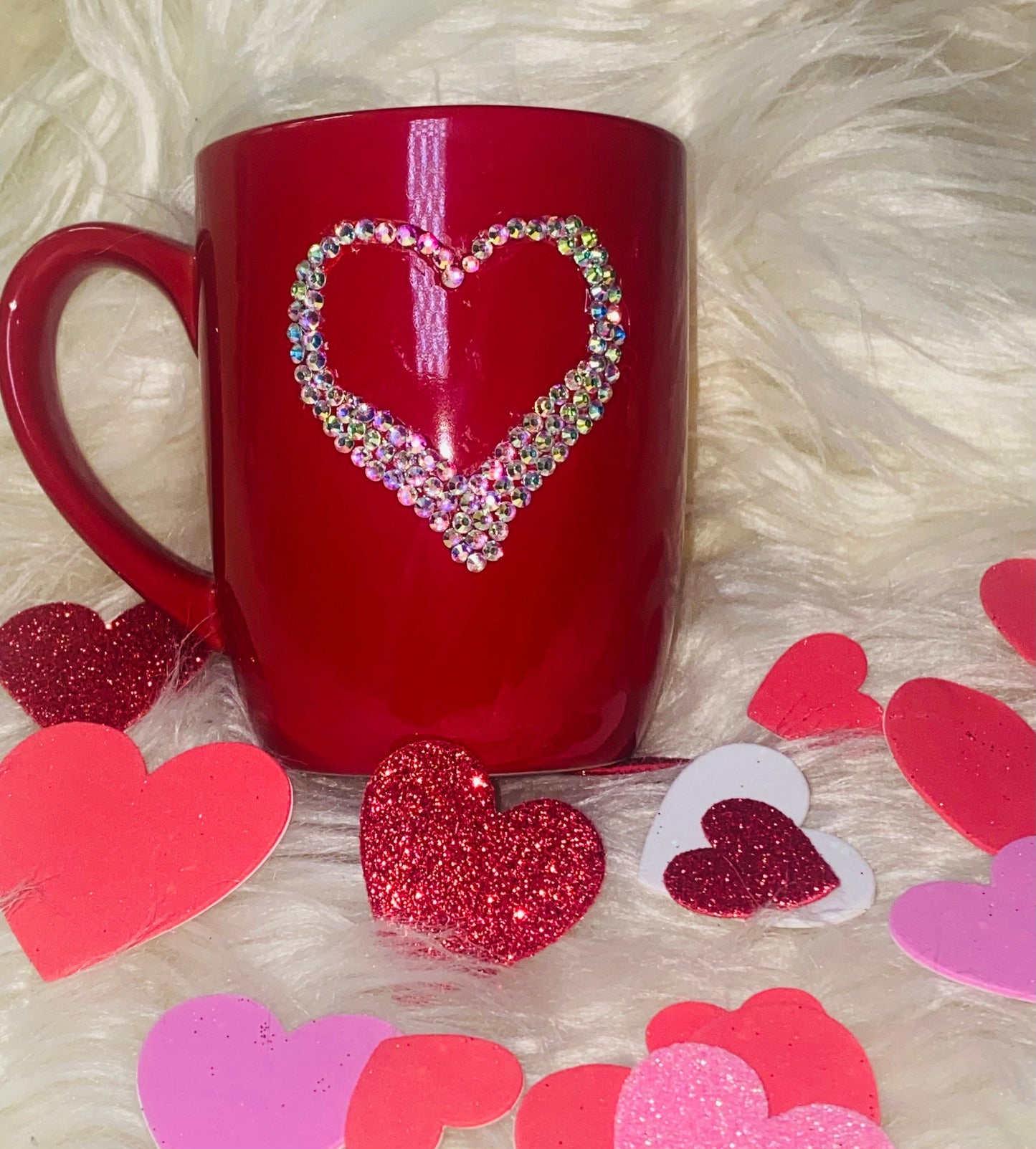 Red Mug Bling Heart 12oz Coffee Mug. Valentines Day Gift.