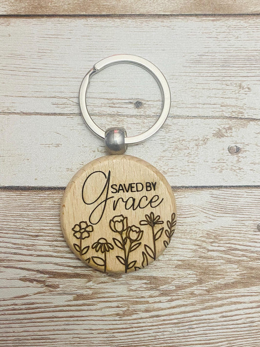 Engraved Wooden Keychain: Saved By Grace, Personalized Christian Gift