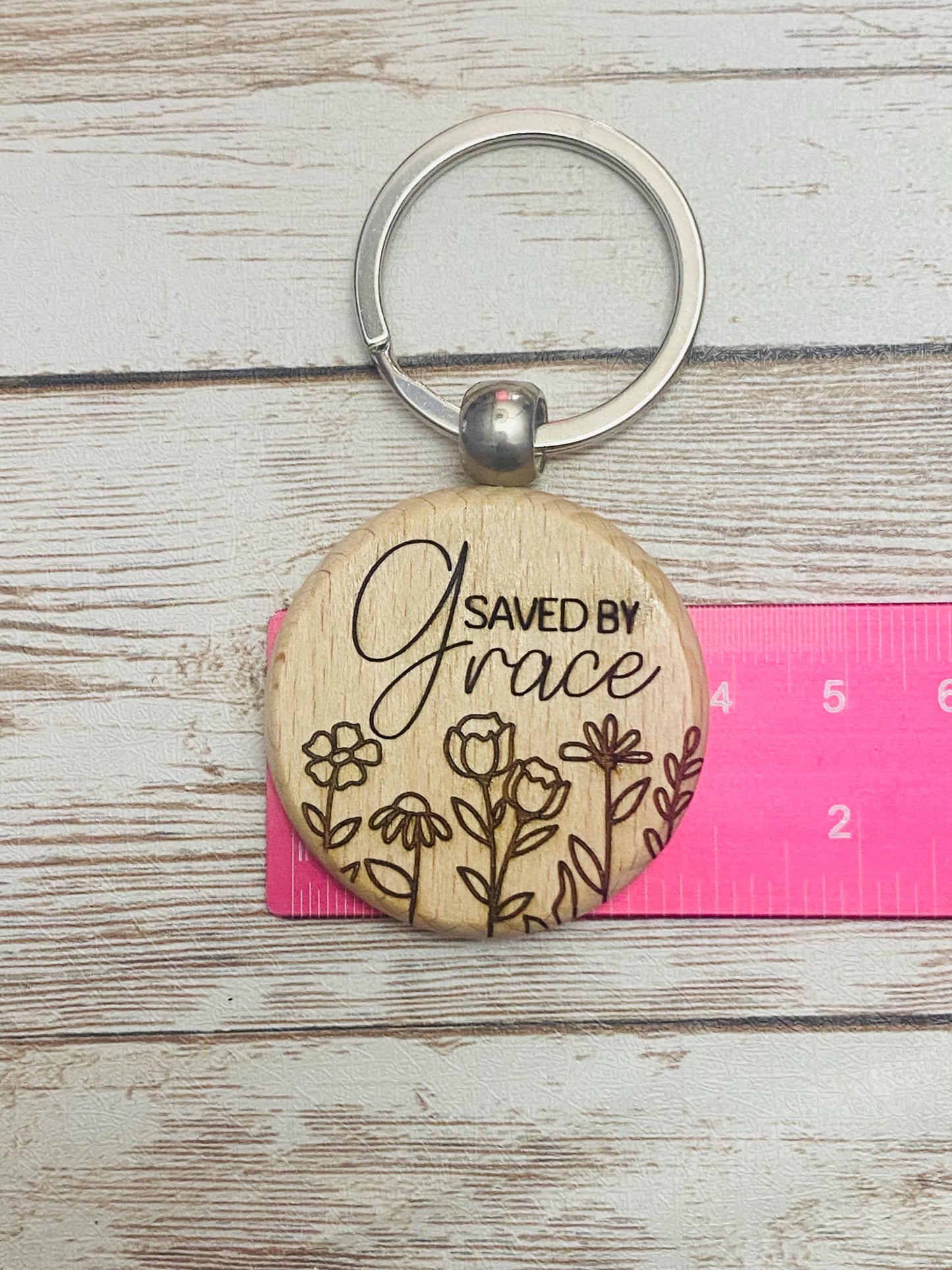 Engraved Wooden Keychain: Saved By Grace, Personalized Christian Gift