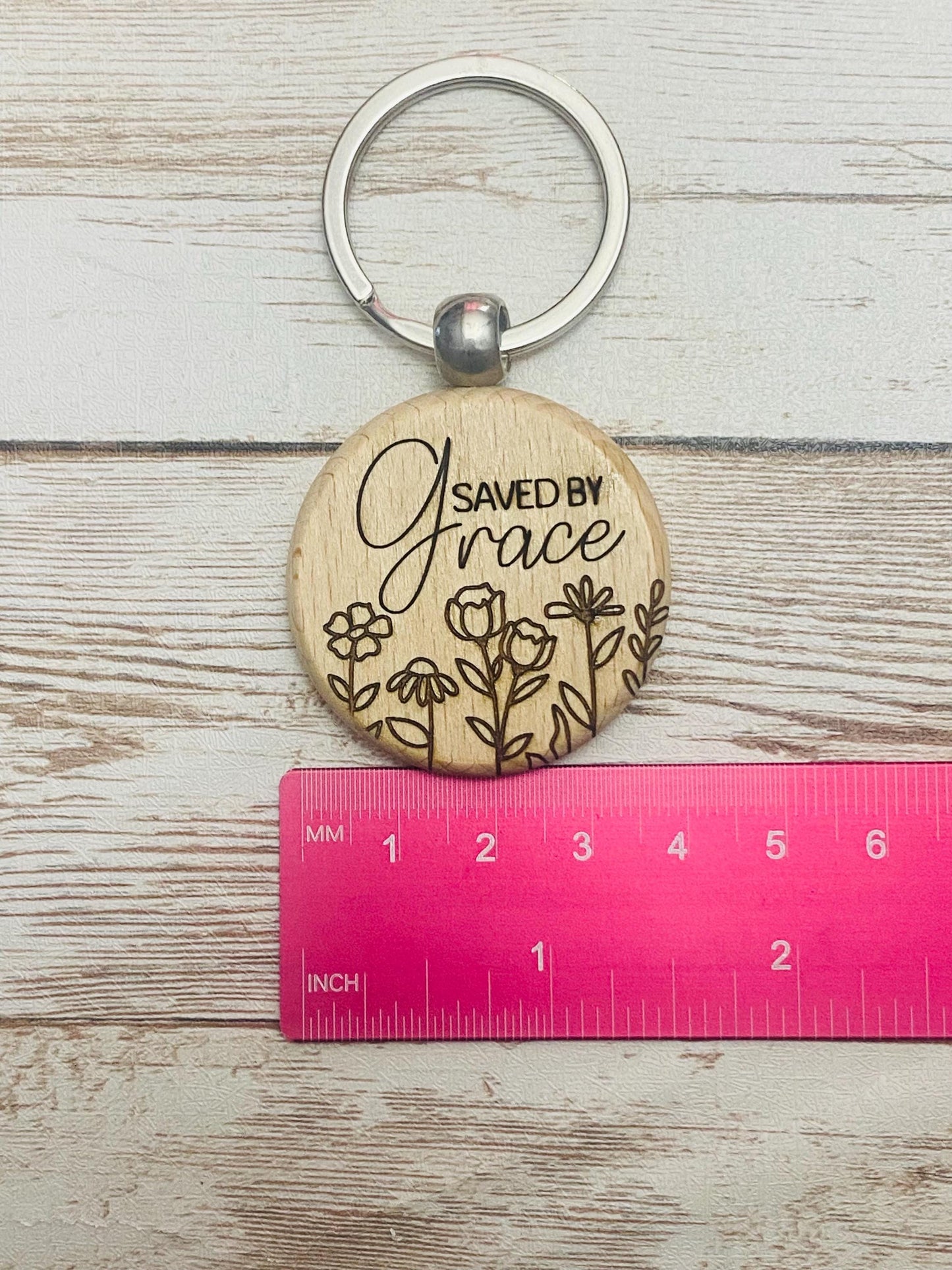 Engraved Wooden Keychain: Saved By Grace, Personalized Christian Gift
