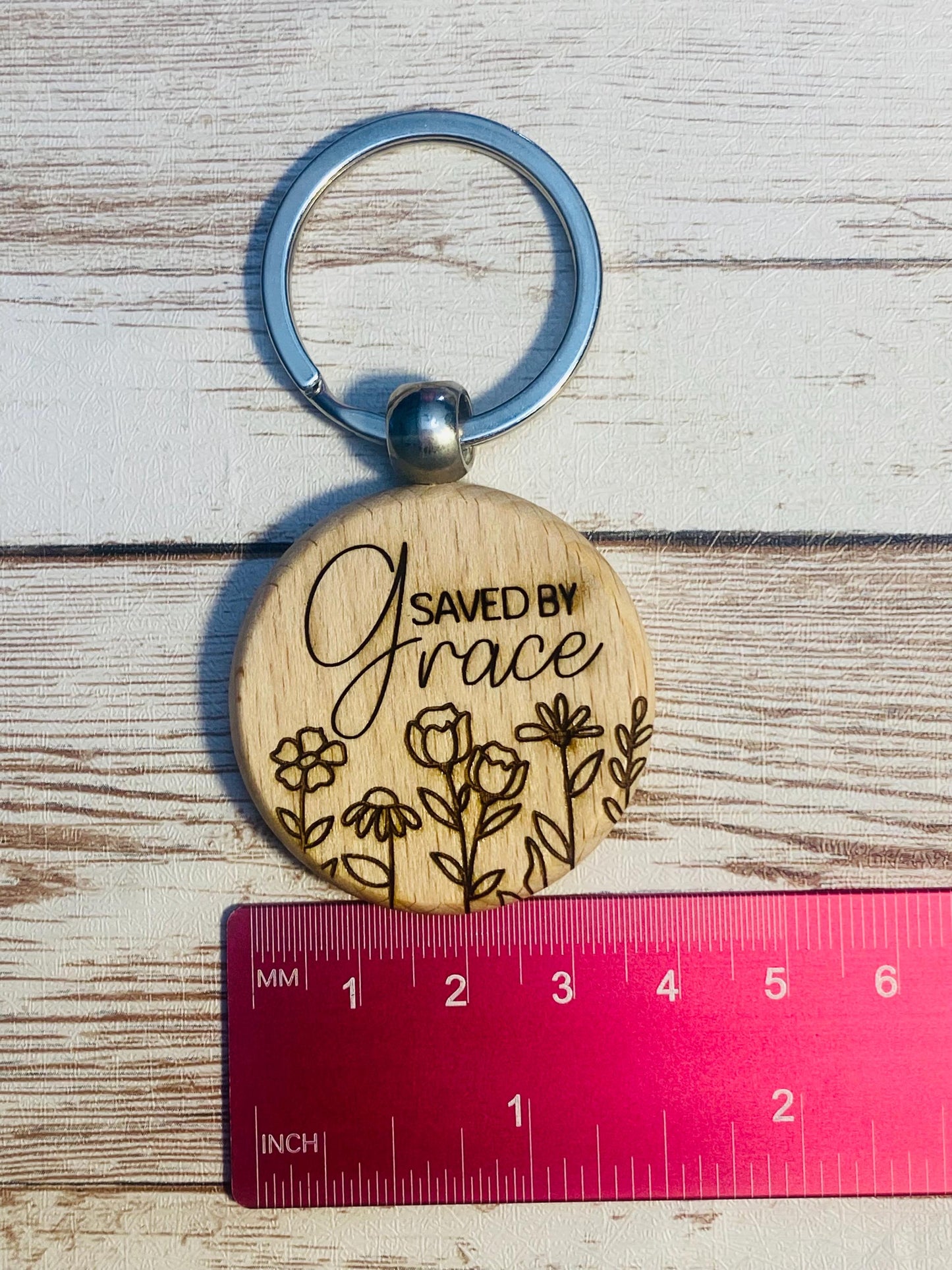 Engraved Wooden Keychain: Saved By Grace, Personalized Christian Gift