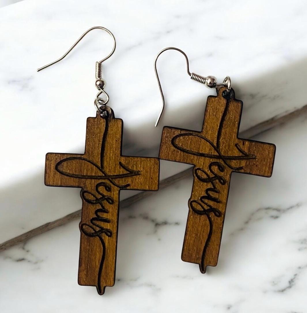 Laser Engraved Wood Jesus Earrings: Faith-Inspired Jewelry