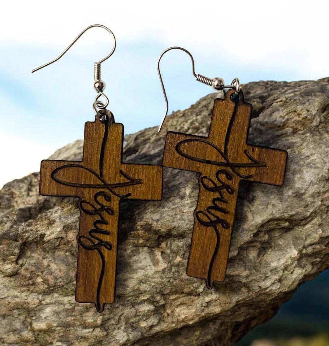 Laser Engraved Wood Jesus Earrings: Faith-Inspired Jewelry