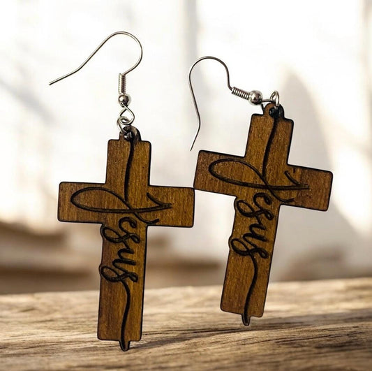 Laser Engraved Wood Jesus Earrings: Faith-Inspired Jewelry